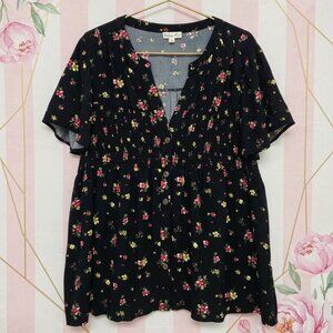 Indigo Rose*Black Floral Smocked Baby doll Blouse with flutter Sleeves*Size: 3X